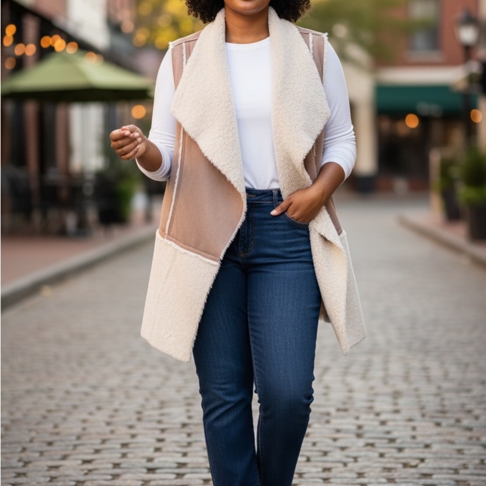Chico's Soft Cream Sherpa-Trim Vest with Tan Accents